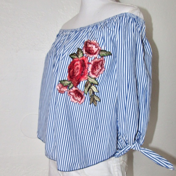 Off Shoulder Embroidered Striped Top. - Picture 7 of 8